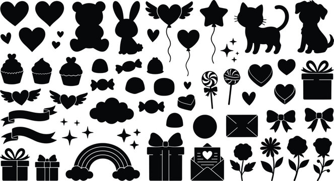 Assorted holiday clip art collection with sweets animals and romantic decorative elements in silhouette style