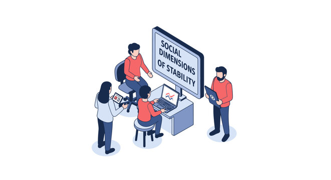 Isometric Illustration of Team Members Discussing Social Dimensions of Stability.