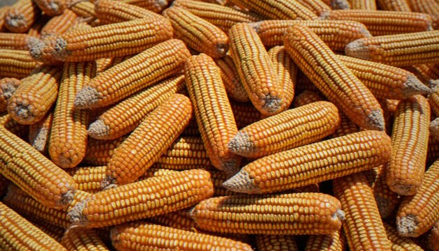 A close-up full-frame view of a large pile of harvested, dried yellow corn cobs.