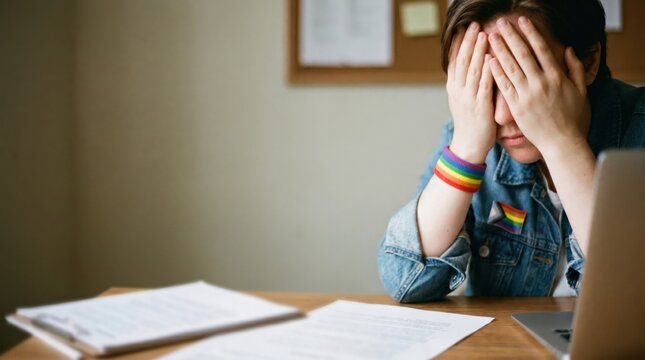 Stressed young nonbinary person with pride accessories sitting at desk with paperwork and laptop in home office