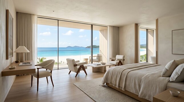 Beachfront modern luxury hotel suite with panoramic turquoise ocean view