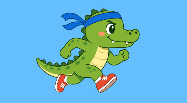 Fast little crocodile character mascot running with a blue headband and red sneakers on a plain blue background in a modern flat vector illustration style for kids graphics