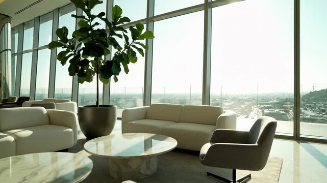 A bright modern waiting room featuring white curved sofas, gray armchairs, marble coffee tables, a large fiddle leaf fig plant, and floor-to-ceiling windows with a city view.
