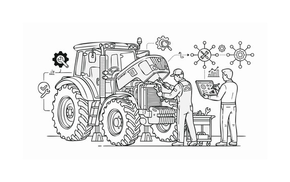 Tractor Maintenance: A meticulously crafted monochrome illustration showcases two engineers engrossed in the diagnosis and repair of a large tractor. The scene emphasizes precision and expertise.
