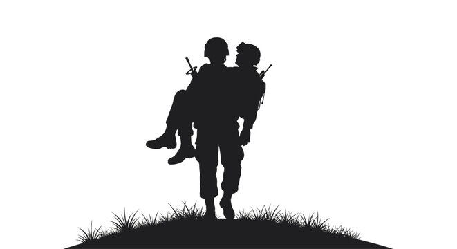 Black silhouette of a soldier carrying a wounded comrade in their arms across a grassy hill, isolated on a white background. Tactical military rescue mission and evacuation scene.