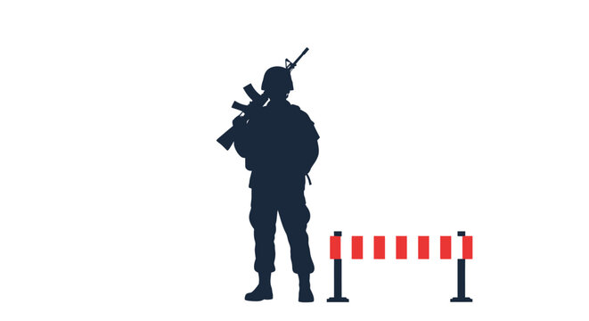 Silhouette of a soldier in full military gear holding an assault rifle standing next to a red and white striped security roadblock barrier on a clean white background.