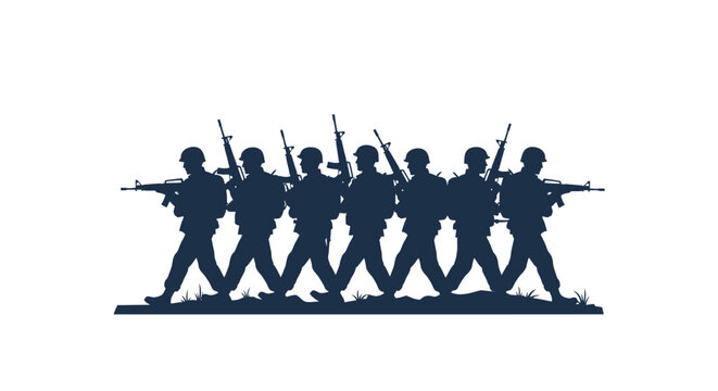 Black silhouette of seven soldiers marching in a row, carrying assault rifles and wearing military gear, isolated on white background. Infantry unit on patrol or tactical mission.