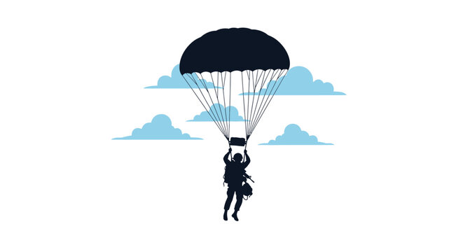 Black silhouette of a military soldier paratrooper descending with a round parachute against a backdrop of stylized light blue clouds on a plain white background vector illustration.