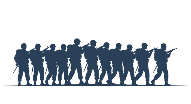 Dark blue silhouette of a military infantry squad marching in a single file line. Soldiers are equipped with tactical helmets, rifles, and rucksacks on a plain white background.