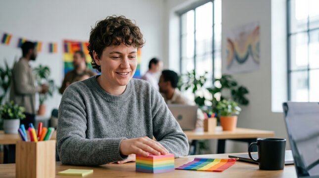 Young Nonbinary Person Working in Inclusive Office Environment with Pride Flag Decor