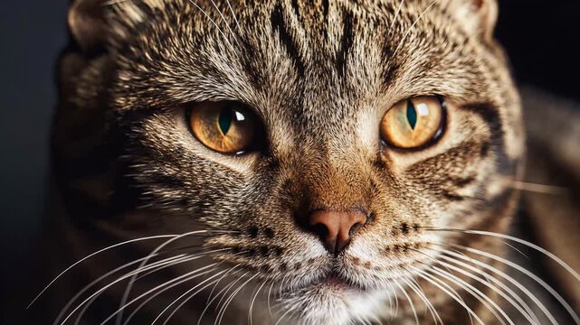 Close-up portrait of a tabby cat looking directly at the camera, high-resolution animal studio footage