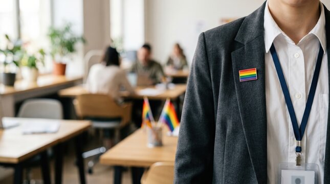 Professional Person Wearing Rainbow Pride Pin in Inclusive Corporate Office Environment