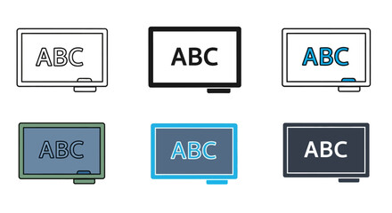 Set of six distinct blackboard and whiteboard icons featuring the letters ABC in various styles and colors for educational and learning concepts © Viadalla