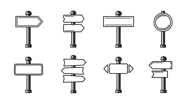Versatile collection of outlined blank signposts, offering clear design elements for choices, directions, and informational graphics