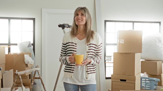 Woman wearing striped cardigan and jeans, holding yellow mug and smiling among packed moving boxes in building; home contentment.