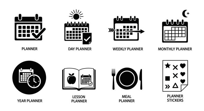 Dynamic collection of scheduling and organization icons, representing various planning concepts for daily routines, academic tasks, and personal goal setting