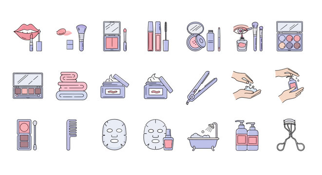 Flat Line Vector Icons Set for Beauty and Skincare Essentials, Featuring Makeup, Personal Care Products, and Daily Routine Tools