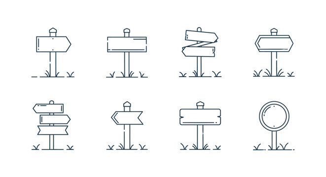 Collection of vector signpost illustrations, offering directional guidance and thematic elements for various projects