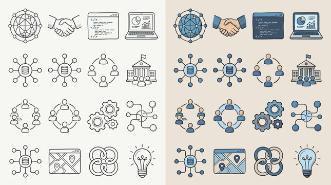 Set of hand-drawn icons representing business concepts, technology, and networking.