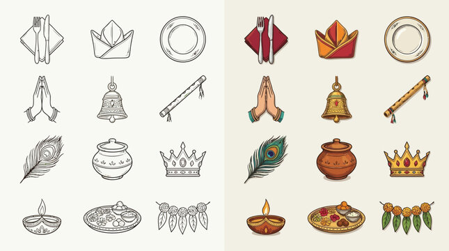 Collection of Indian cultural and religious icons, including food, decorations, and symbols.