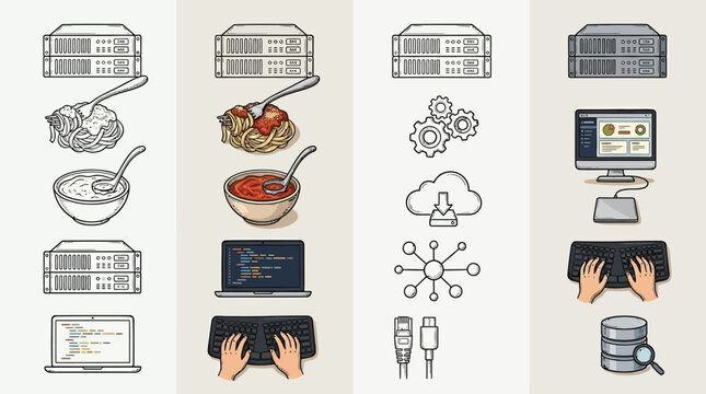 Set of icons depicting computer servers, food dishes, and technology concepts.