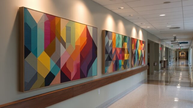 Colorful geometric abstract art panels in modern hospital corridor