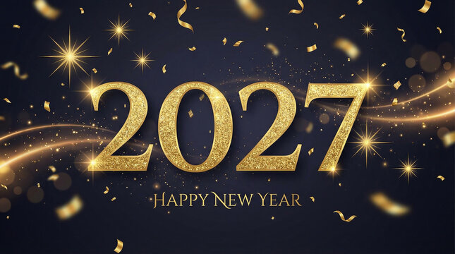 Sparkling golden 2027 typography with magical glowing light trails representing luxurious holiday joy perfect for premium midnight countdowns