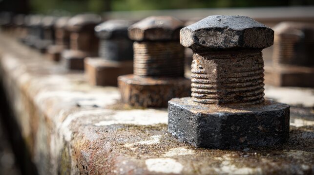 Close up perspective of rusty hex nuts on industrial surface with natural lighting
