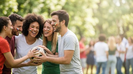 Fototapeta premium Diverse Group of Young Adult Soccer Fans Celebrating Outdoors with Face Paint and Ball