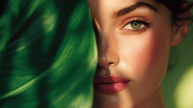 Young woman with green eyes and red lips beside tropical leaf