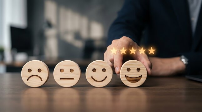Hand giving five-star rating to customer satisfaction by choosing the happiest facial expression on wooden blocks, symbolizing excellent service feedback and quality service experience