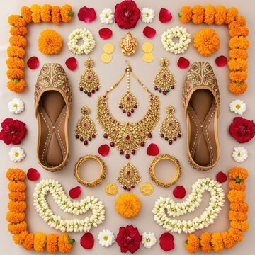 Indian Wedding Jewelry and Footwear Flat Lay with Marigold and Rose Decorations.
