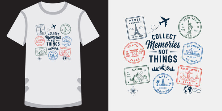 Collect memories not things travel stamps from around world for t-shirt design.