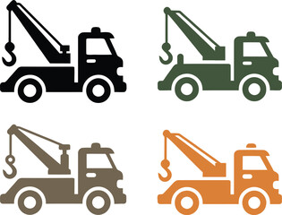 Set of Four Tow Truck and Wrecker Vehicle Icons in Black Green Grey and Orange © Netsolbiz