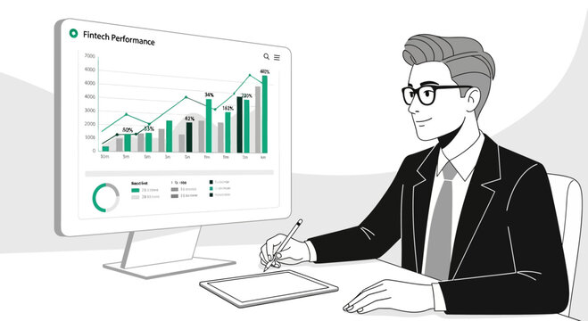 Businessman analyzing financial charts on computer screen, writing notes on tablet