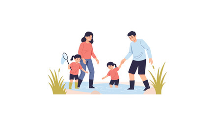 Obraz premium Family fun: parents and kids explore nature, catching insects by a pond