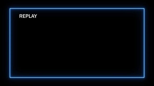 Blue neon outlined rectangular frame with the white text REPLAY" positioned in the left corner on a dark black background for control