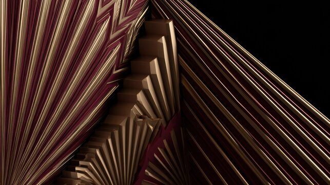 This artwork displays a symmetrical design with geometric shapes and rich colors on a black background.