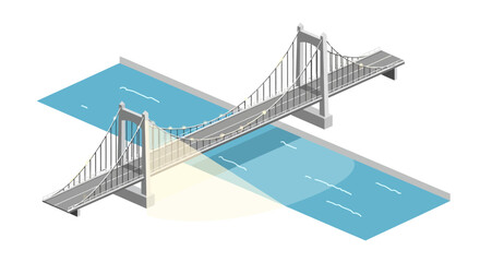 Fototapeta premium Modern suspension bridge crossing a wide blue river, architectural marvel, transportation infrastructure