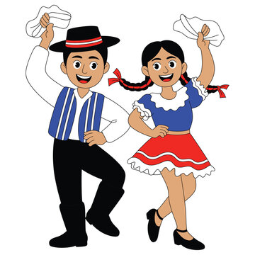 Cute Chilean kids dancing Cueca traditional dance cartoon vector illustration