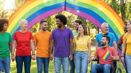 Diverse Group of Happy People Celebrating Pride and Inclusion Under a Rainbow Arch in a Sunny Park