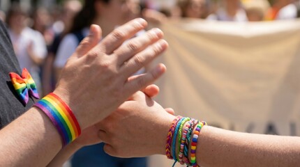 Naklejka premium Close up of two young women holding hands wearing rainbow pride bracelets at a summer outdoor equality parade