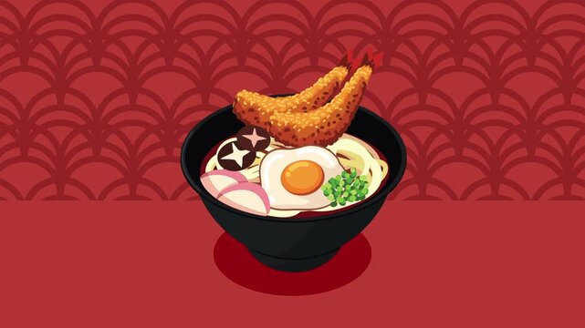 Delicious and vibrant ramen bowl with various toppings including shrimp tempura, egg, and mushrooms appearing in dynamic motion.