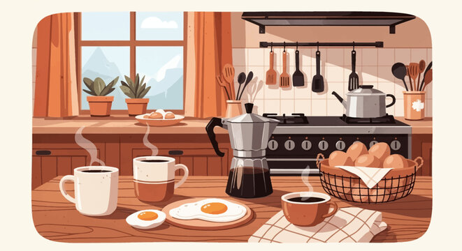 Vector illustration of a cozy rustic kitchen featuring steaming coffee mugs, fried eggs on a wooden table, a basket of brown eggs, and a moka pot near a window with mountain scenery.
