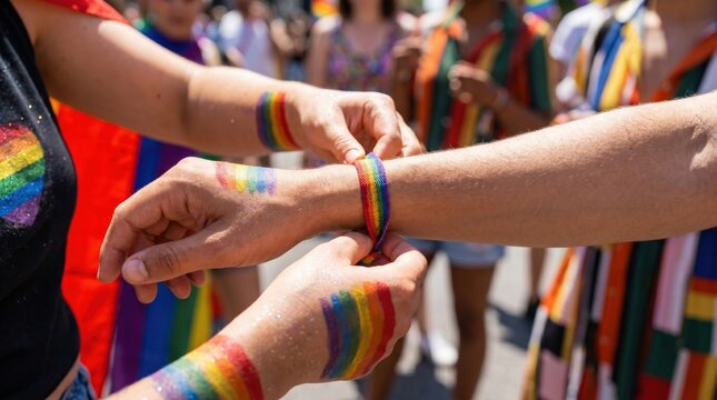 Young diverse adults putting on rainbow wristband at pride parade celebration outdoors