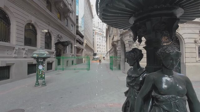 Shot Through La Bolsa Historic Street With Las Tres Gracias Fountain Santiago Chile