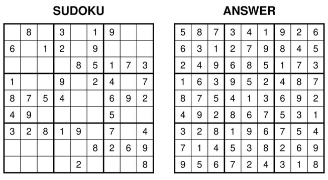 Sudoku logic puzzle and completed answer key comparison grid on white background