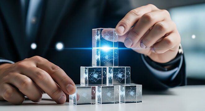 Business foundation and building concept. A professional's hands place the last 'block' on a stable holographic stack, representing a solid foundation.
