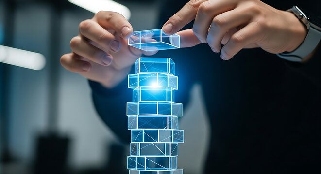 Business foundation and building concept. A professional's hands place the last 'block' on a stable holographic stack, representing a solid foundation.