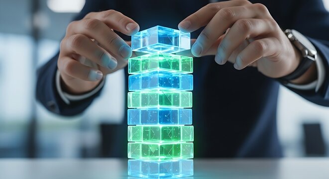 Business foundation and building concept. A professional's hands place the last 'block' on a stable holographic stack, representing a solid foundation.